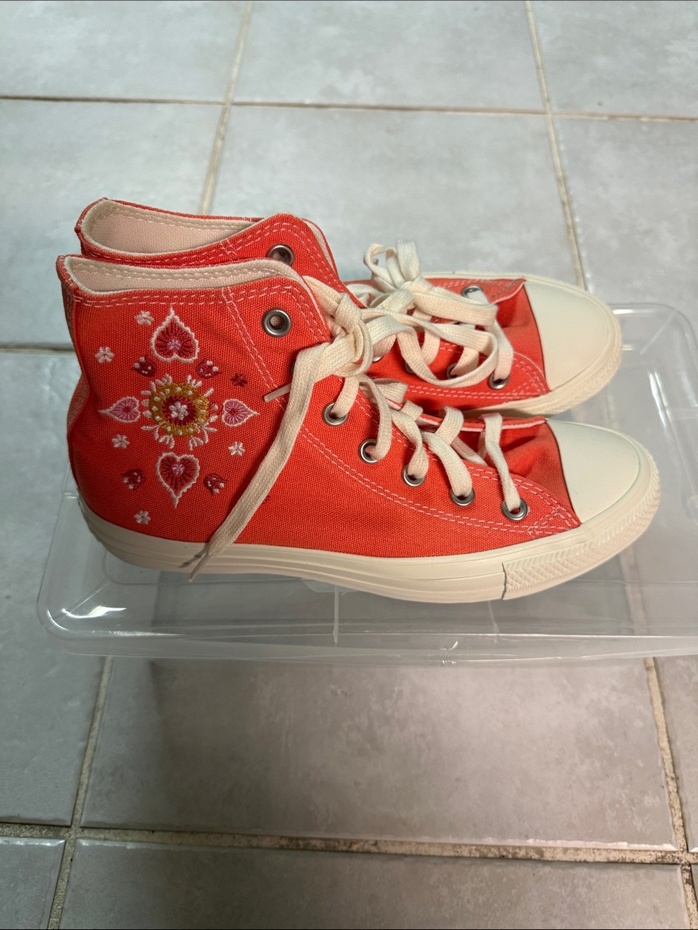Converse Coral High-Top Sneakers with Floral Embroidery